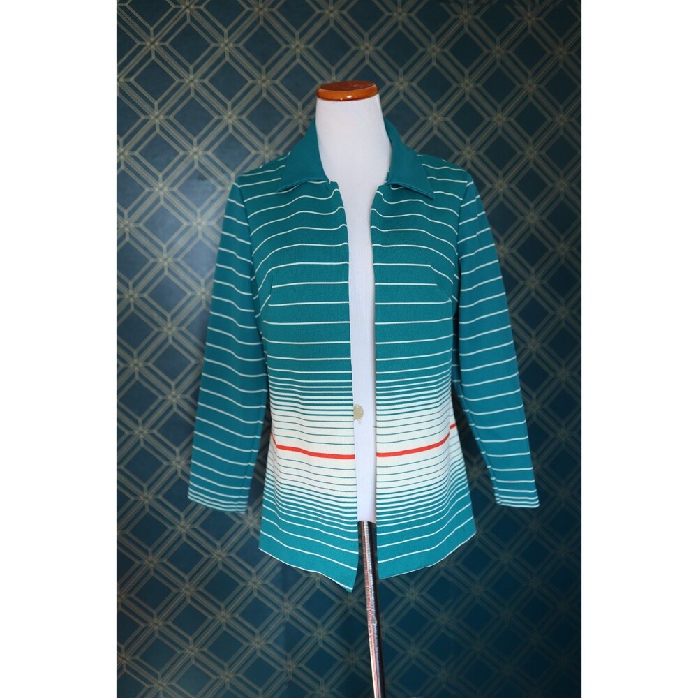 Vintage 70s JC Penny Open Front Blazer Jacket Teal Stripe Pin Up Retro Dagger